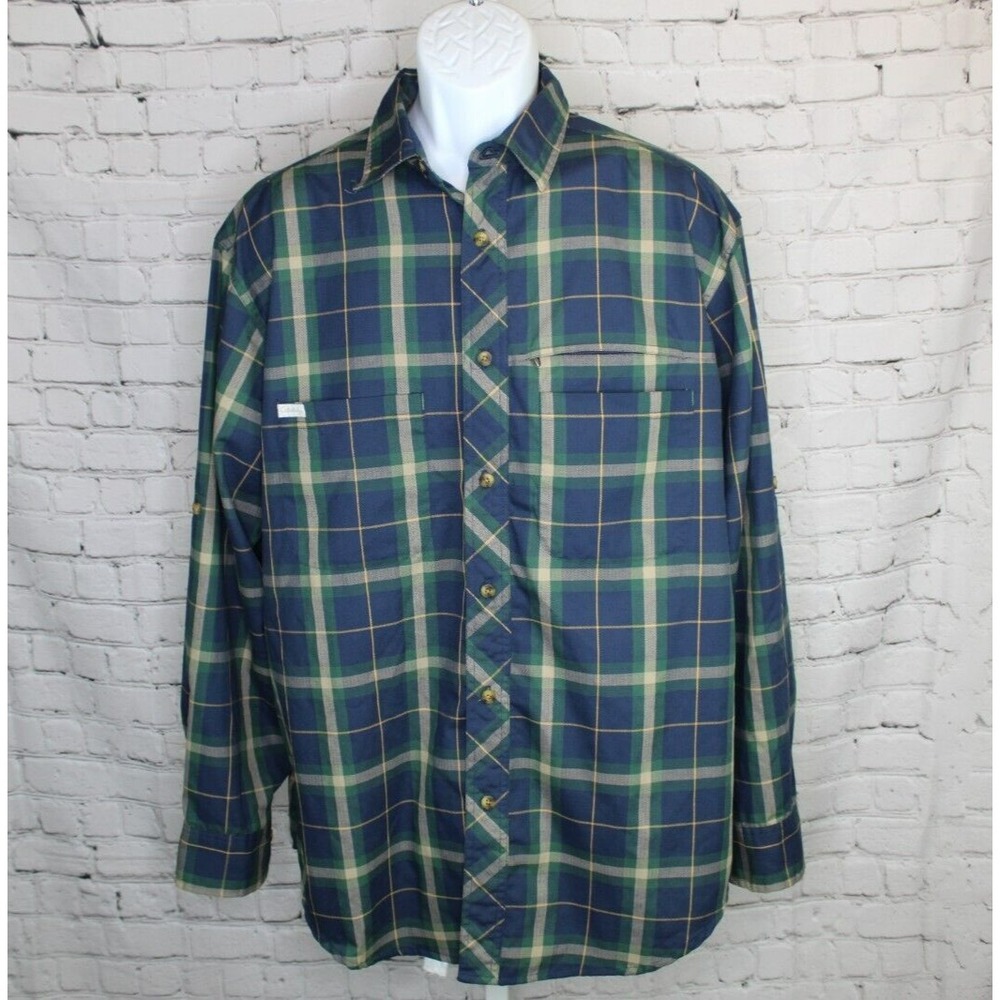 Cabela's Flannel Shirt Men's L Green Beige Plaid Long Sleeve Button Up Cotton